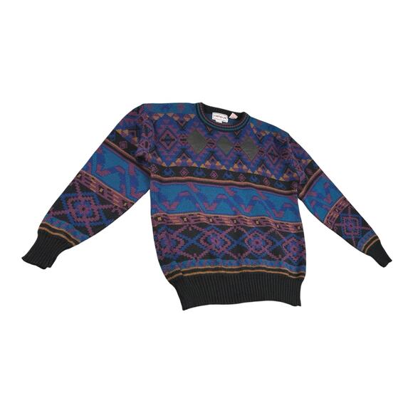 Vintage Campus Men's Diamond Geometric Leather Trim Sweater Size L Retro - Picture 3 of 13